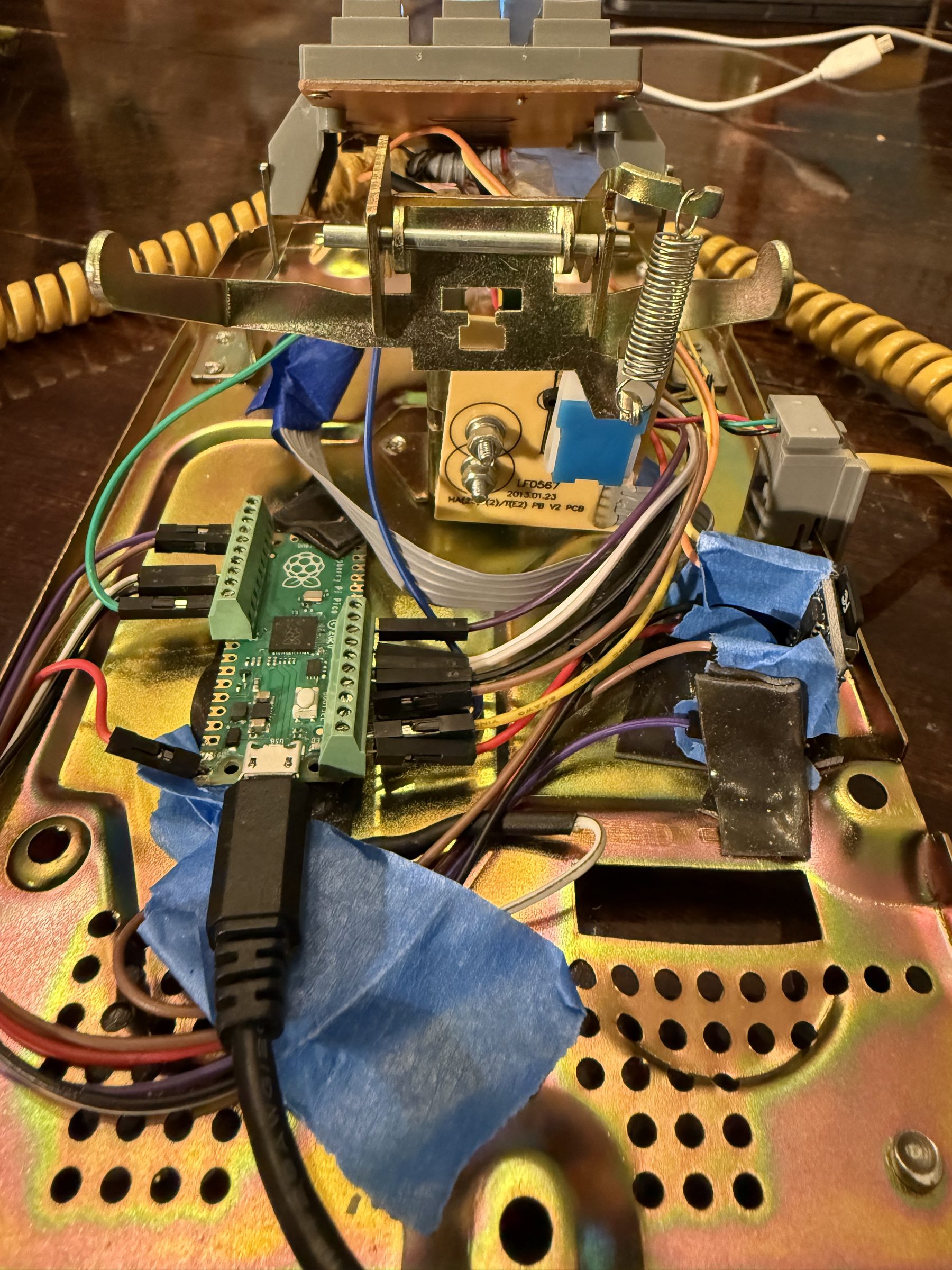 Close-up of Pico and wiring inside the banana phone
