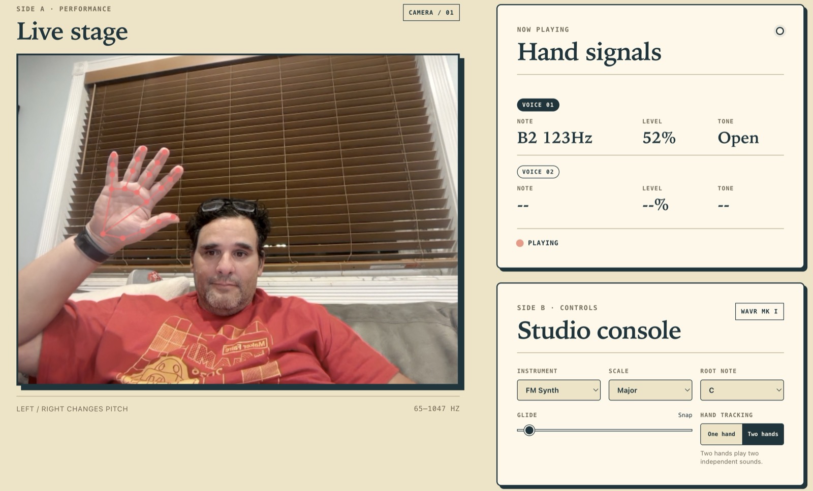 Mario playing the Wavr visual theremin with one hand raised and a hand-tracking skeleton overlaid on the webcam view